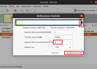Una vez arrastrado observamos 0 en espacio libre. Pulsamos redimensionar.