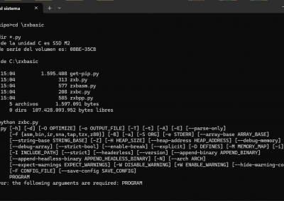 Hacemos cd \zxbasic. Luego python zxbc.py y nos saldrá la sintaxis, Con lo que vemos que funciona el compilador.